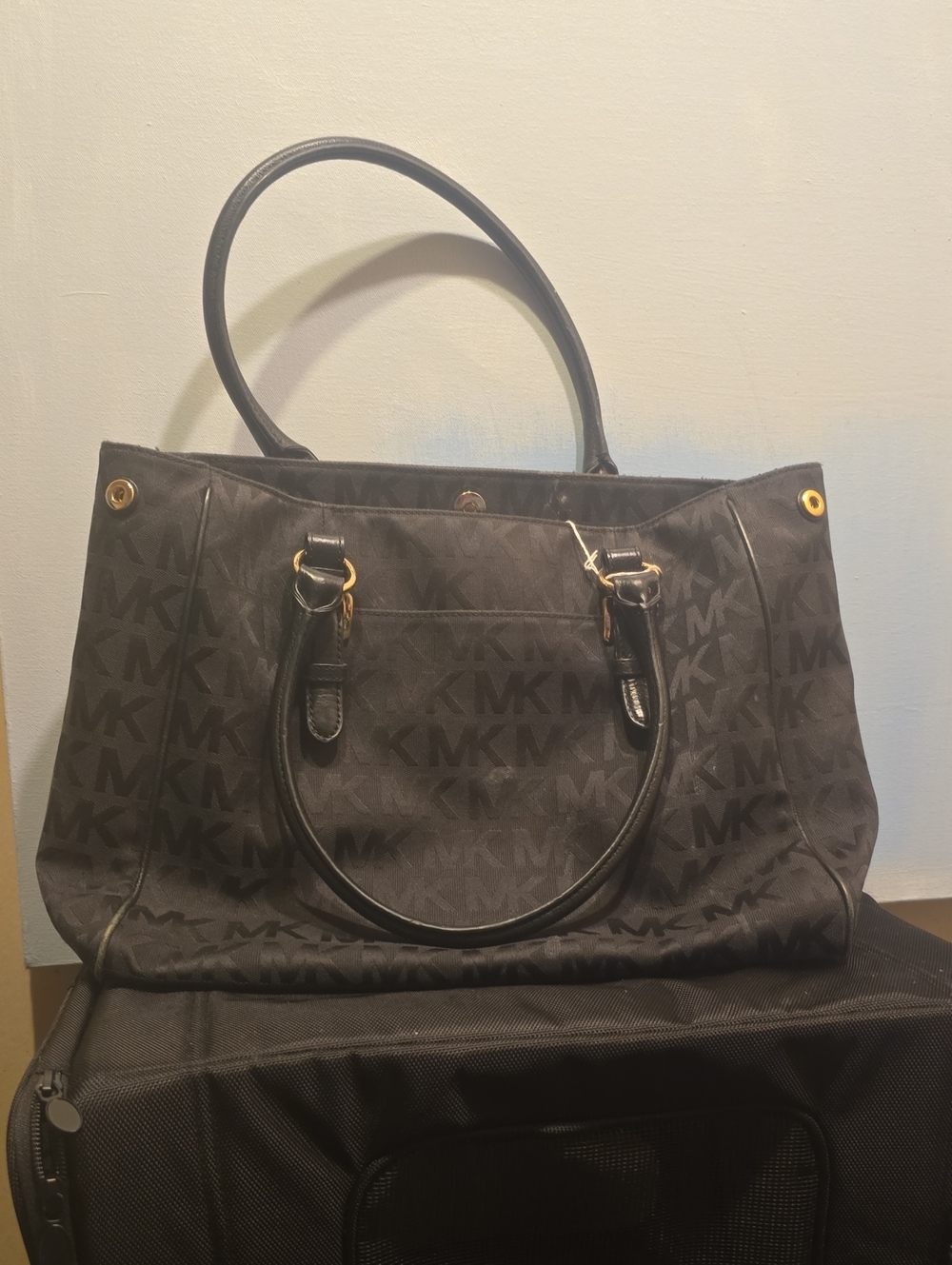 Michael Kors Black MK Logo Tote with Gold-Tone Accents